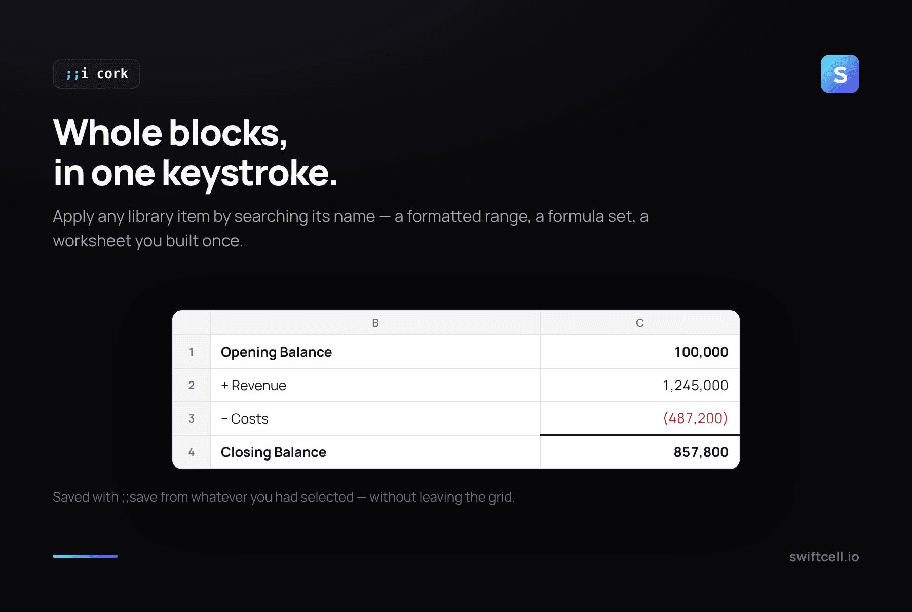 A corkscrew balance block inserted into Excel — opening balance, revenue, costs and a ruled closing balance — applied with a single command.